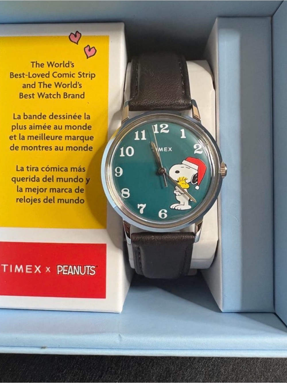 Timex Green Dial Snoopy Leather Strap Watch